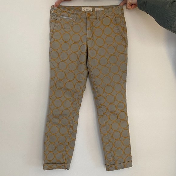 Anthropologie Chino Relaxed Embroidered Circles Khaki Pant 25P - Picture 2 of 3